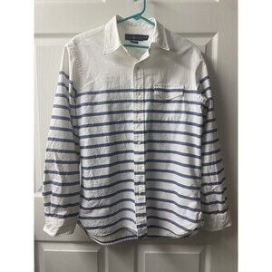 Ralph Lauren Shirt Mens Medium Blue White Striped Canvas Button Up Pocket EUC